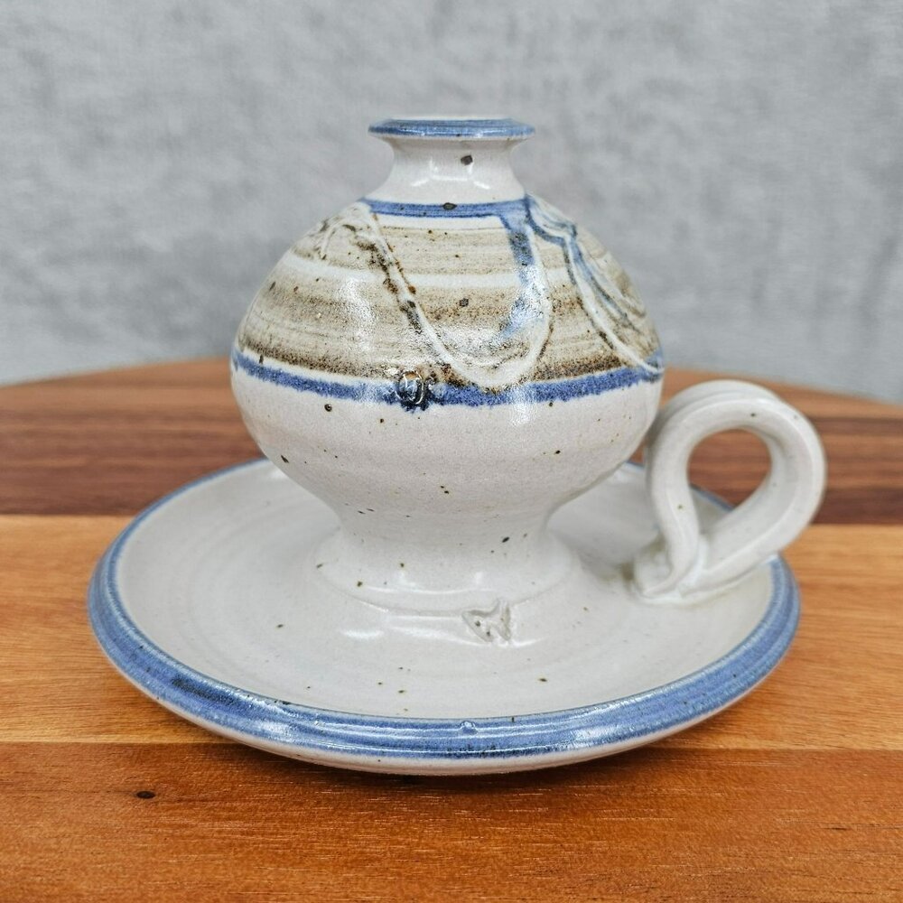 Studio Pottery Oil Lamp Candle Holder Artist Stamped Butterfly Natural Blue Tan